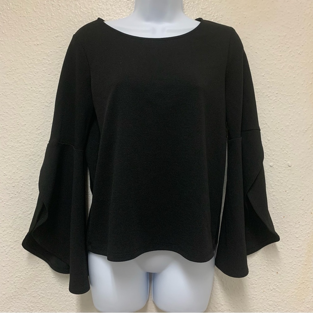 Green Envelope Black Bell Sleeve Blouse Zip Closure Women's Size S